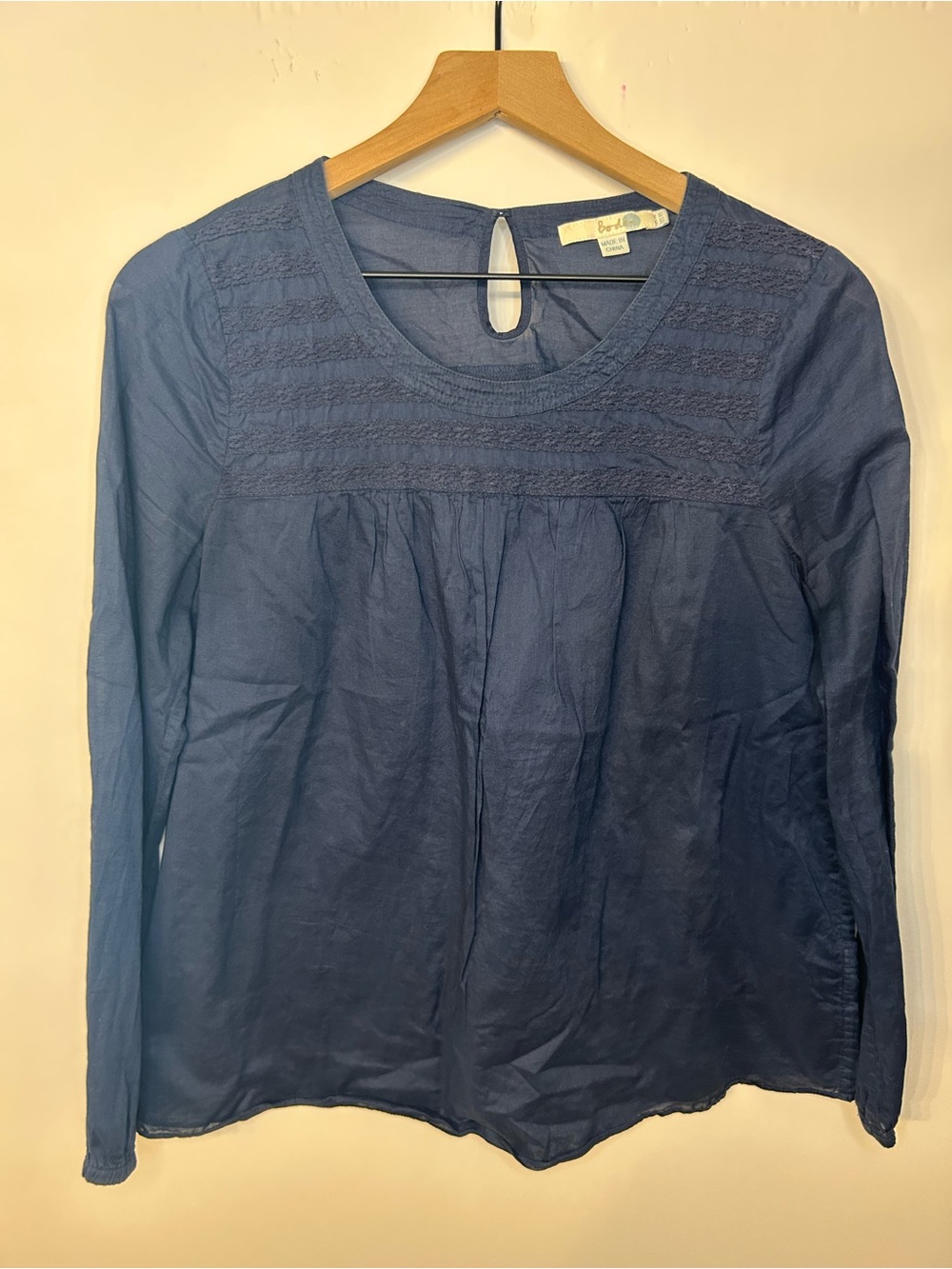 Boden Navy Blue Long-Sleeve Lace Yoke Blouse